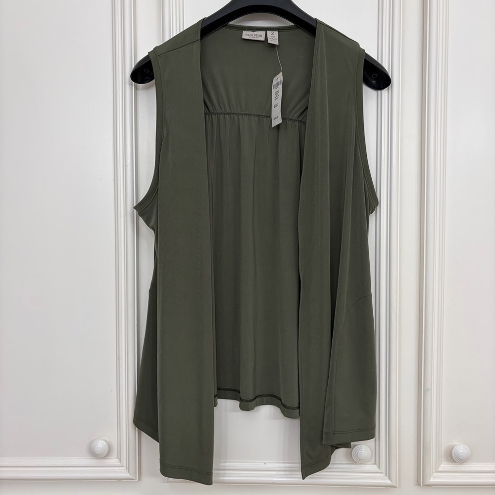 Chicos Easywear Sleeveless Rossie Vest Slinky Knit Olive Green Sz 2 LG 10/12 NWT